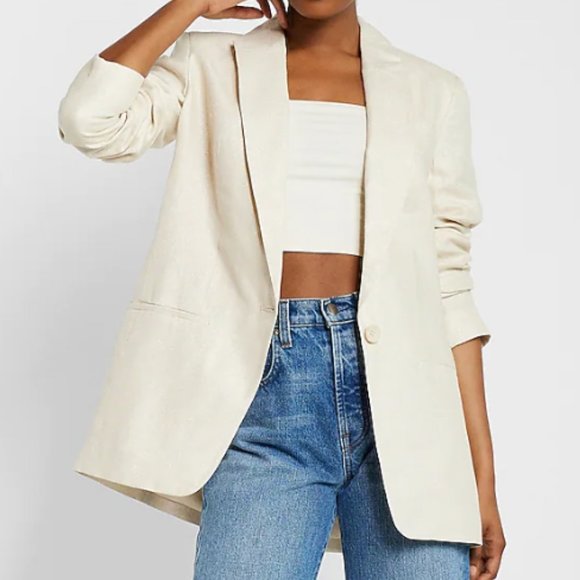 NWT Express Linen Beige Cream Boyfriend Blazer Size XS - Picture 2 of 3